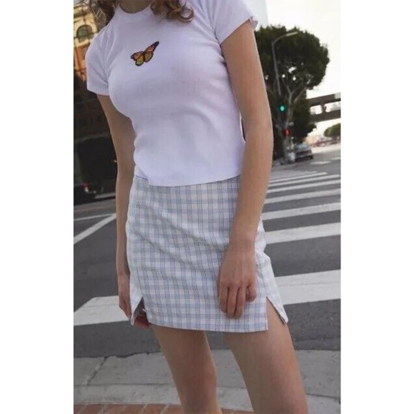 BRANDY MELVILLE Juniors Cute Soft BLUEWHITE PLAID CARA High Rise Mini Skirt - Picture 2 of 15